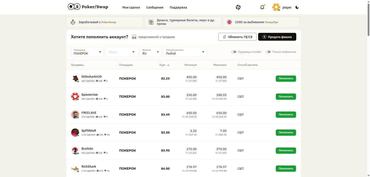 Список предложений PokerSwap: продавец с числом сделок, площадка, курс, минимум и максимум, способ расчёта